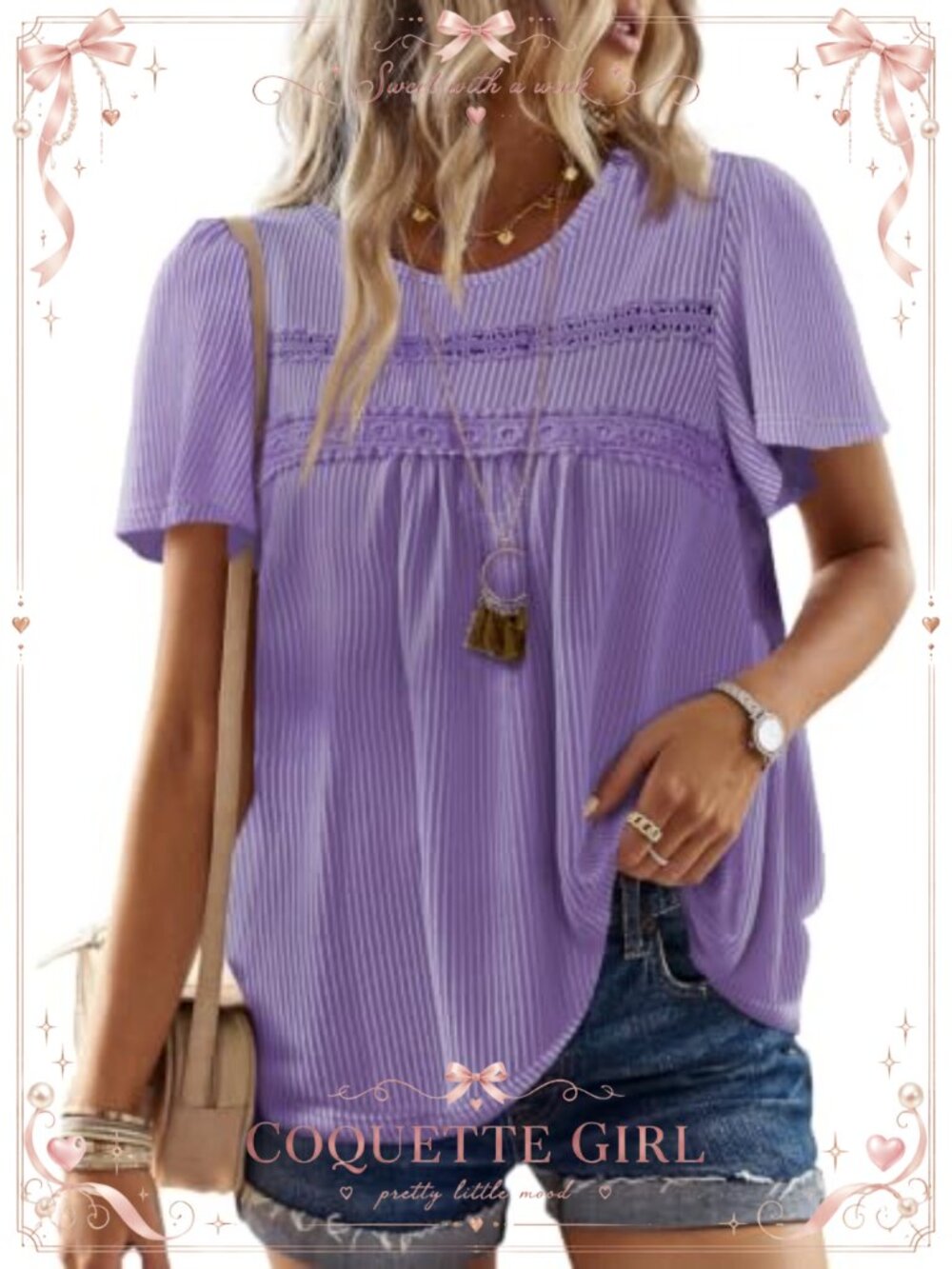 Womens Boho Ribbed Crochet Short Sleeve Top Loose Fit Casual Blouse